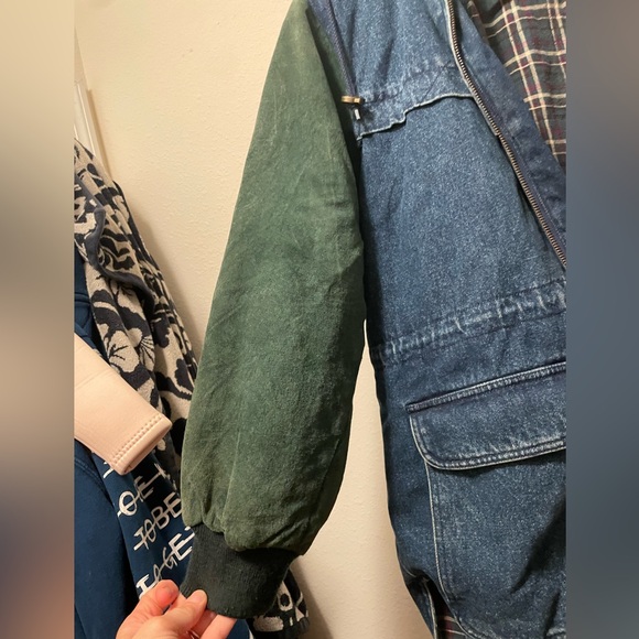 Vintage Arizona 90s Jean Jacket Flannel Lined Suede Leather Sleeves chore Coat L - Picture 8 of 15